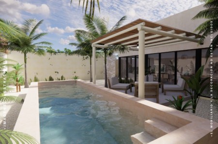 Casa Tiki Tiki en venta de una planta en Cholul Merida modelo B con alberca  